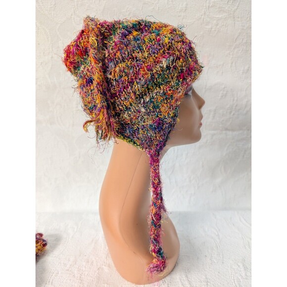 Nepal Silk Woven Beanie Gloves Handknit Multicolor Tassels Fleece Boho Hippie - Picture 3 of 10